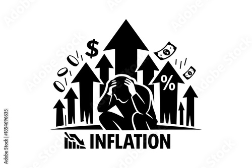Man stressed by rising inflation with upward arrows and falling money
