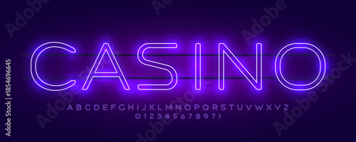 Glow Neon Font Logo Alphabet Vector Light Effect Letters Set Modern Typography, Violet Glowing Typographic Design for Title Text, Typo Poster Headline, Led Contour Sans Serif Fonts. Vector Typeface