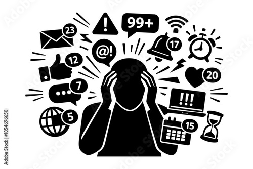 Overwhelmed person with hands on head surrounded by notifications and icons