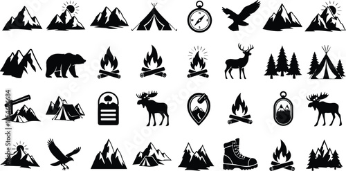 Outdoor wilderness camping adventure icons