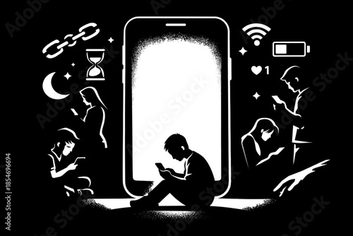 People engrossed in smartphones, symbolizing digital addiction and isolation