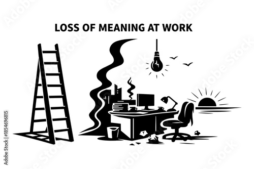 Symbolic illustration of a ladder, messy desk, and sunrise representing loss of meaning at work