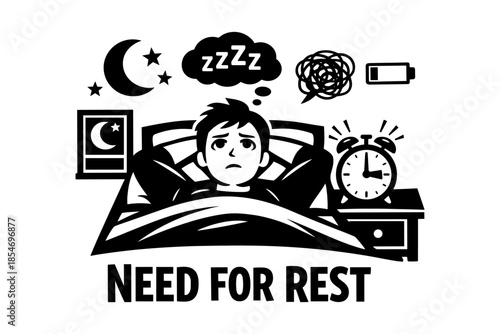 Man in bed unable to sleep, thinking about rest and low battery