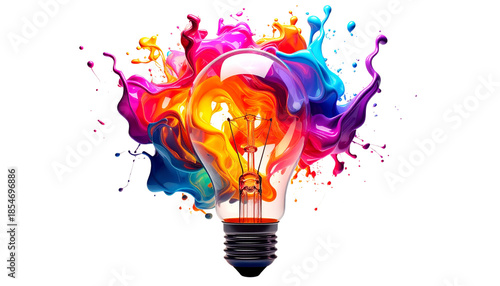 Abstract light bulb made of colourful fluid shapes, isolated on transparent background, creativity and innovation concept, PNG