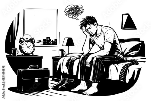 Man sitting on bed with head in hand, looking stressed and overwhelmed by thoughts