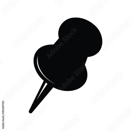 A simple black silhouette of a push pin or thumbtack on white