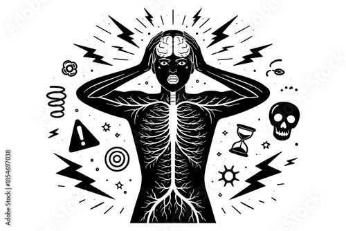 Person with hands on head, showing nervous system and radiating stress symbols