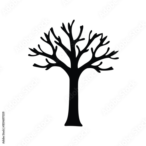 Silhouette of a stark, leafless tree against a bright white background landscape