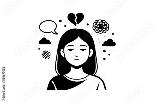 Sad woman with broken heart and thoughts, symbolizing emotional distress and heartbreak