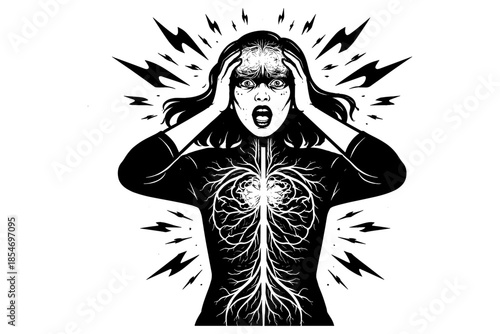 Woman in distress with visible nerves and lightning bolts symbolizing stress and anxiety