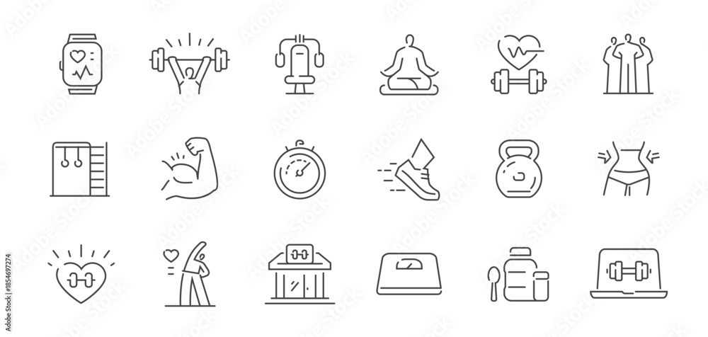 Obraz premium Gym and fitness icon set. Healthy lifestyle, weight training, body care and workout concept. Sports symbols and signs