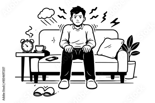 Man sitting on sofa looking stressed with storm clouds and lightning above his head