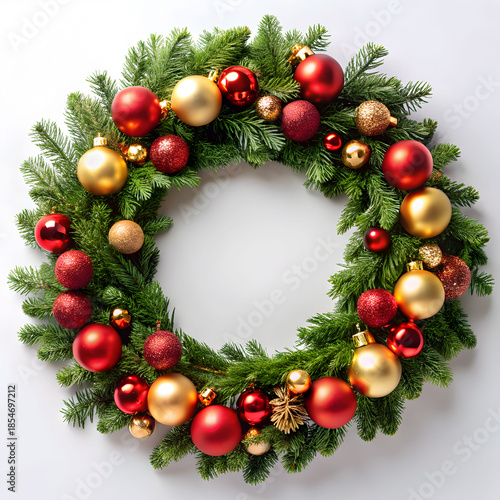 a festive Christmas wreath red and gold ornaments