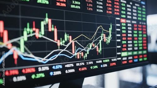 Computer Monitor Screen Displaying Moving Stock Market Graphs and Financial Data 4k video