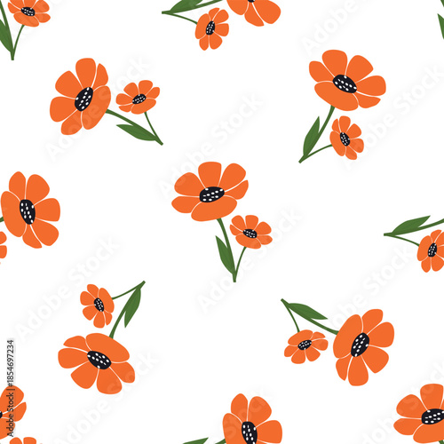 Seamless Orange Flower Pattern in Flat Vector Style, for textiles, fabric printing, wrapping paper, etc.