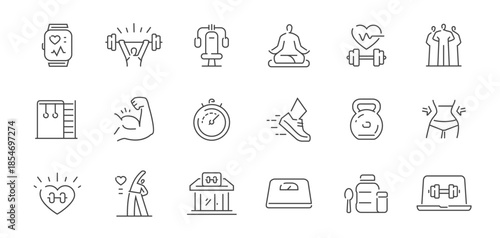 Gym and fitness icon set. Healthy lifestyle, weight training, body care and workout concept. Sports symbols and signs