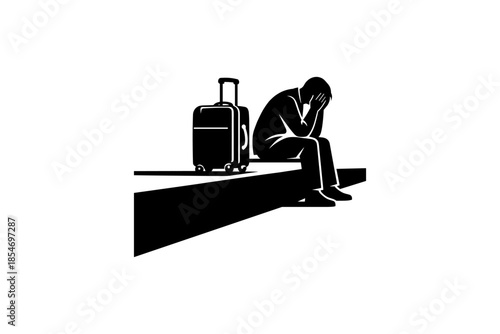 Man sitting with suitcase, head in hands, feeling despair and loneliness