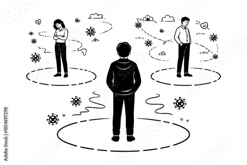 Social distancing illustration showing people in separate circles with virus icons between them