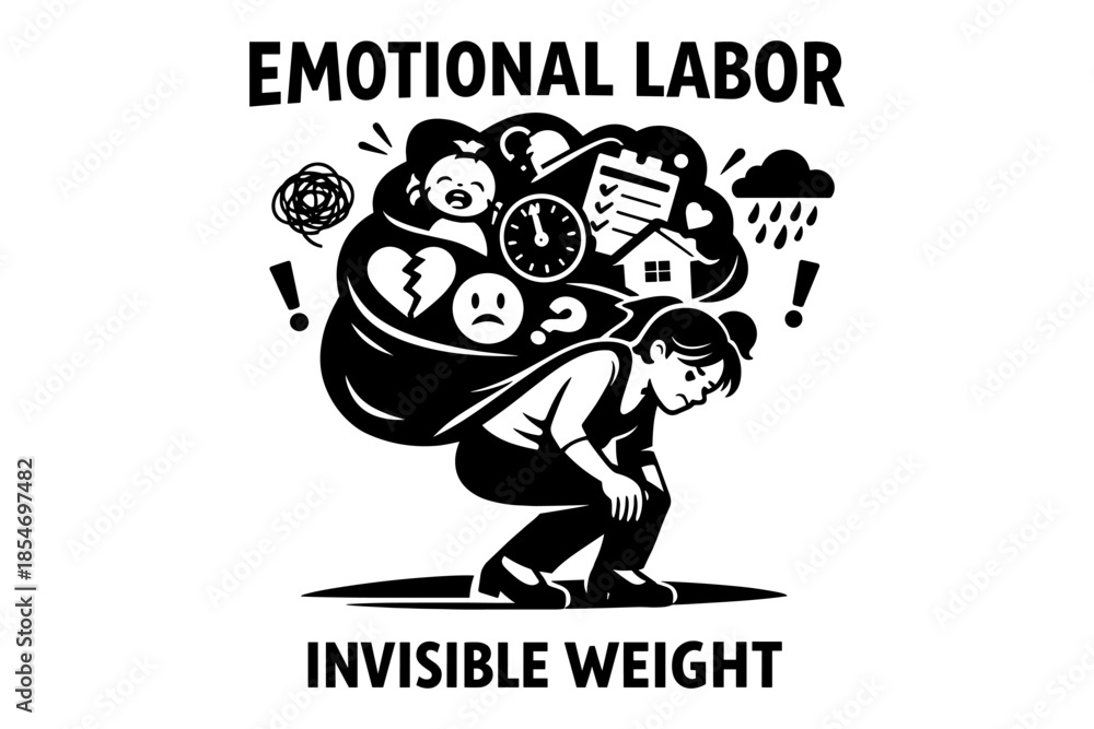 Obraz premium Woman carrying heavy bag of emotional labor and invisible weight, symbolizing stress