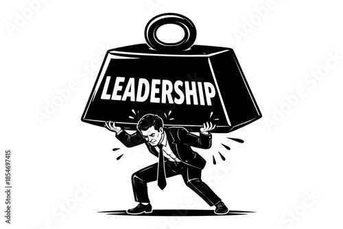 Businessman struggling to carry a heavy weight labeled leadership