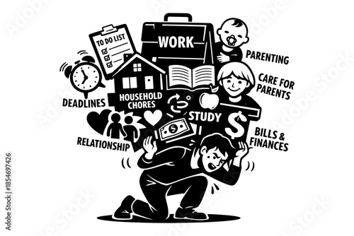 Overwhelmed person carrying heavy burden of life responsibilities and stress