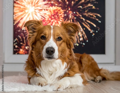 Dog lounges looking at the viewer with fireworks in the background