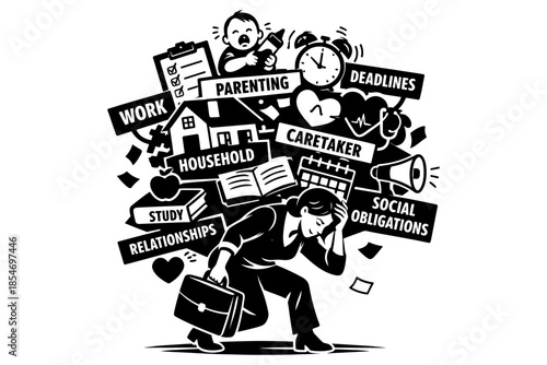 Woman overwhelmed by work, family, and social responsibilities, feeling stressed