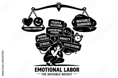 Emotional labor concept: invisible burdens weigh down a person under stress and anxiety