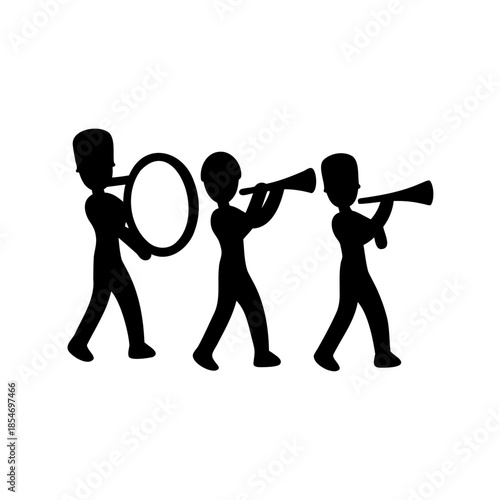 Silhouette of marching band members playing instruments in a parade illustration