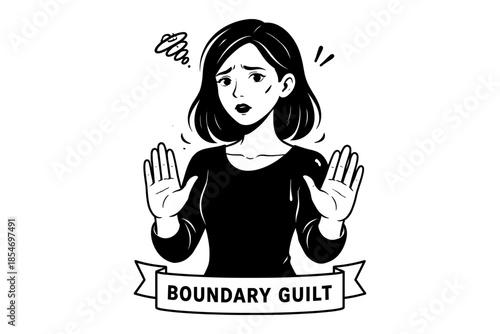 Woman feeling guilty about setting boundaries, hands up in defense