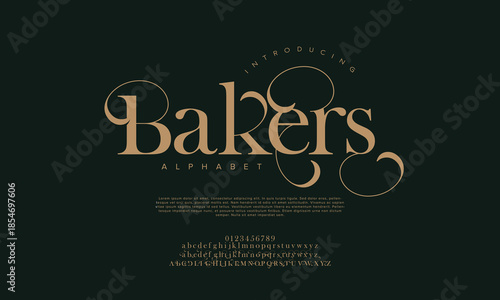 Luxury wedding alphabet letters font with tails. Typography elegant classic lettering serif fonts and number decorative vintage retro concept for logo branding. vector illustration