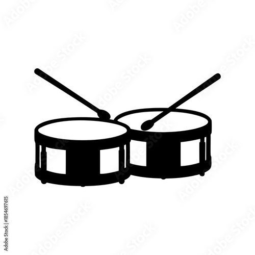 Black and white vector illustration of snare drums and drum sticks ensemble