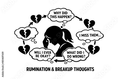 Woman experiencing rumination and breakup thoughts with broken hearts and thought bubbles