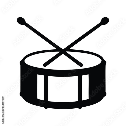 Simple illustration of a black drum with crossing drumsticks on white background