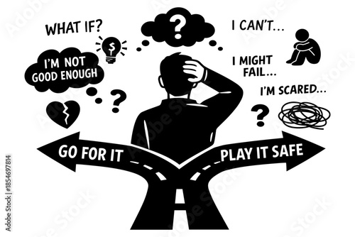 Man at a crossroads contemplating fear of failure versus taking a chance