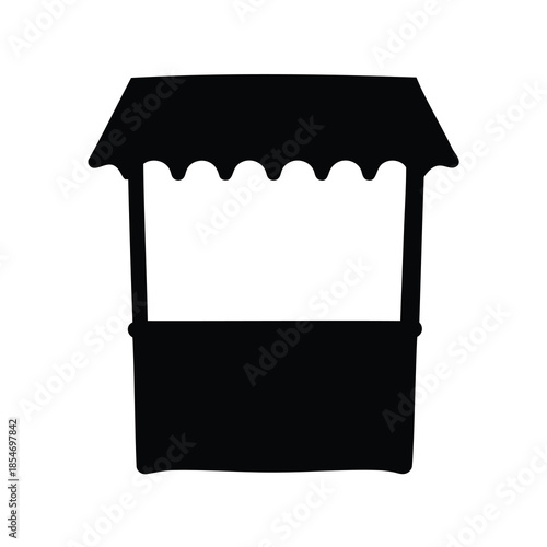 Market Stall Silhouette with Awning- Black silhouette of a simple market stall or kiosk with awning, representing street retail, outdoor commerce, small business, and sales activity