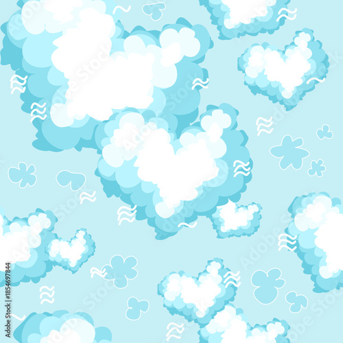 whimsical and romantic vision of the sky, featuring soft, fluffy clouds shaped like hearts drifting across a serene blue background. The concept represents limitless love, peace, and the lightness of 