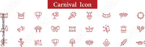 Set of red line icons representing carnival and festival elements masks, music notes, crowns, confetti, feathers, and more