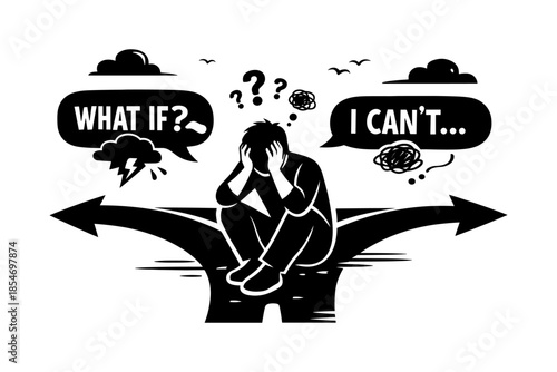 Man sitting at crossroads with thoughts of doubt and fear, indecision concept