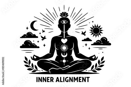 Silhouette of person meditating with celestial symbols and inner alignment text
