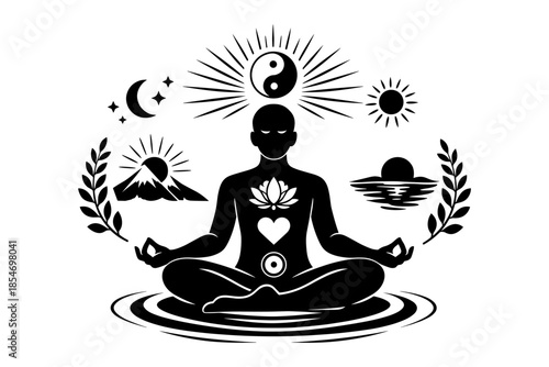 Meditating figure with spiritual symbols representing balance, nature, and inner peace