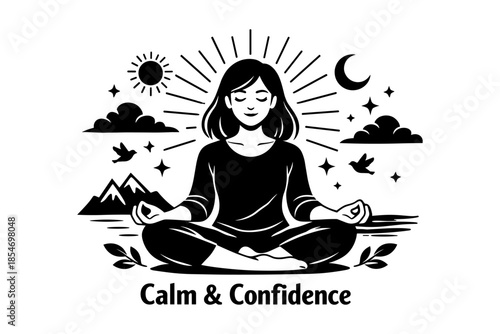 Woman meditating in lotus position with sun, moon, and mountains symbolizing inner peace