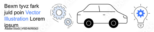 Automotive design, technology innovation, problem-solving, mechanics, engineering, energy solutions. A simple car, gears and a glowing light bulb ion. Automotive design and technology innovation