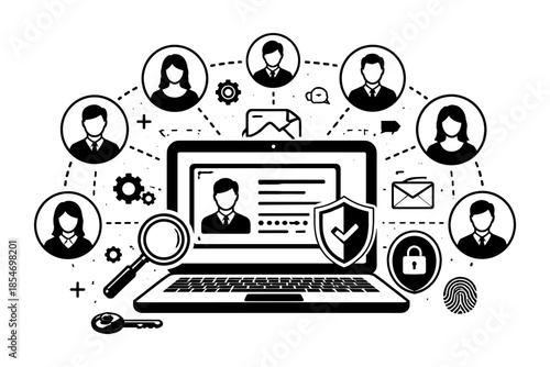 Digital identity and network security concept with user profiles and laptop