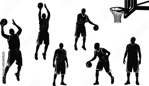 Black silhouettes of basketball players in various poses with a hoop