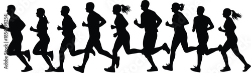 Silhouette of diverse group of people running together in unison
