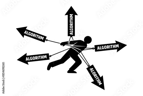 Person pulled in multiple directions by algorithm arrows, symbolizing control and influence