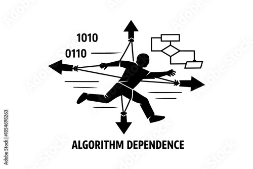 Man running through arrows representing algorithm dependence and binary code
