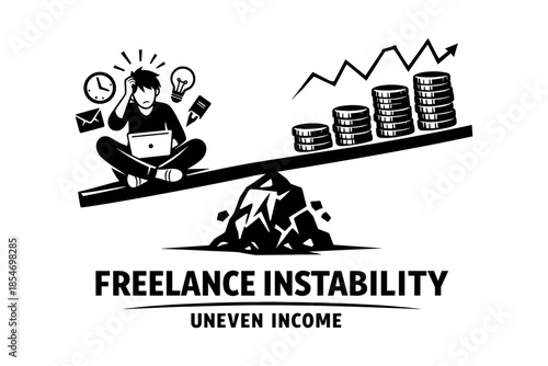 Freelance instability and uneven income illustrated by a seesaw with coins and a stressed person