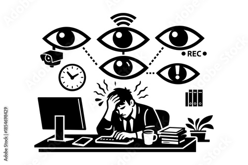 Stressed businessman overwhelmed by constant surveillance and recording at work